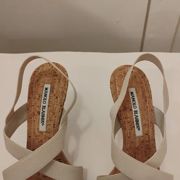 Manolo Blahnik Strappy Sandals.Size 38 Cork Detail. 3 1/2” Heel