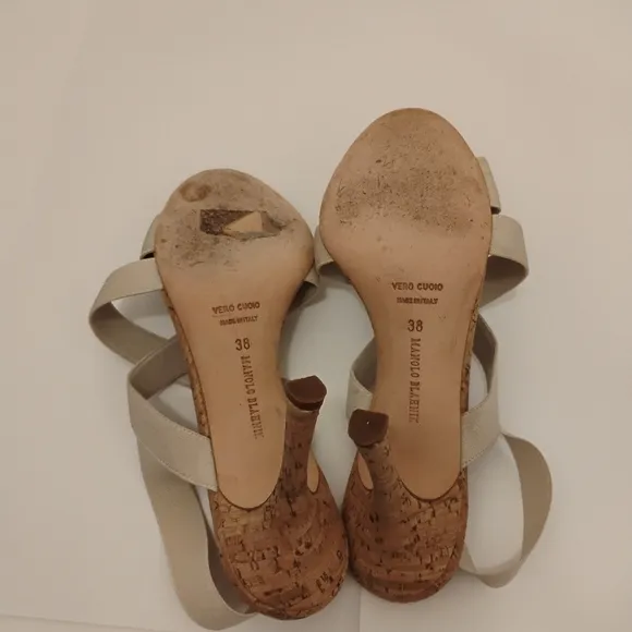 Manolo Blahnik Strappy Sandals.Size 38 Cork Detail. 3 1/2” Heel