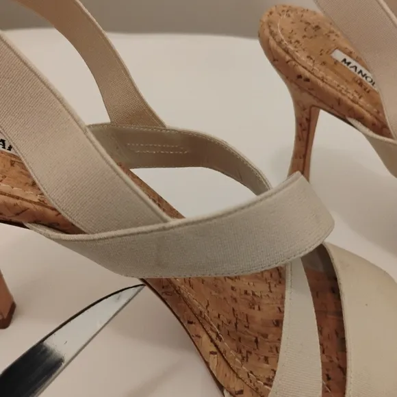 Manolo Blahnik Strappy Sandals.Size 38 Cork Detail. 3 1/2” Heel
