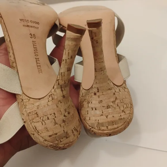 Manolo Blahnik Strappy Sandals.Size 38 Cork Detail. 3 1/2” Heel