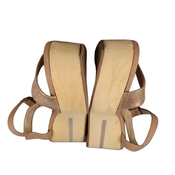 Matt Bernson Shoes Womens 10 Sandal Platform Wedge Wood Leather Fashion Metallic