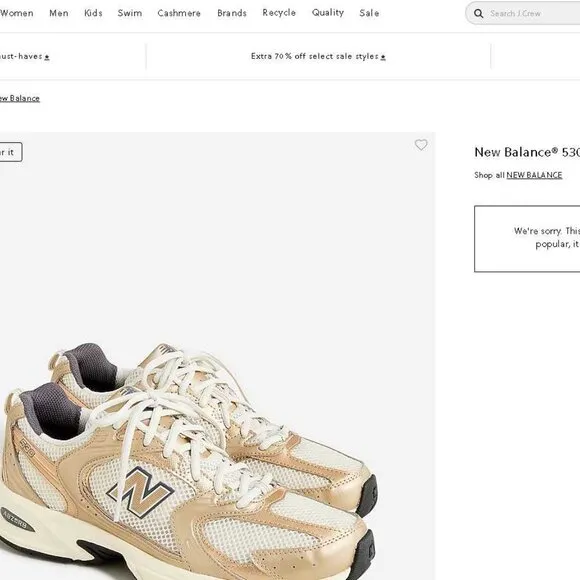 Men's 9.5 (Women's 11) New Balance X J Crew 530 sneakers Gold Metallic MR530LA