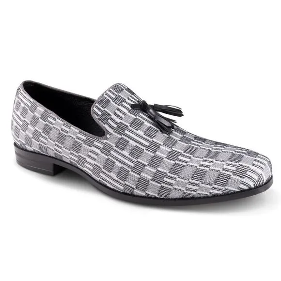 MEN'S MONTIQUE BLACK PRINTED ABSTRACT CHECKERED TASSEL LOAFER FASHION SHOE.S2357