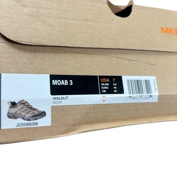 Merrell Moab 3 Vent Low Walnut J035893W Men's Hiking Trail Boots Shoes 7 EU 40