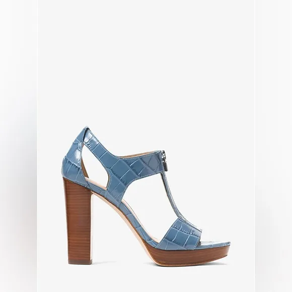 Michael Kors Berkley Lock Blue Croc-Embossed Leather Platform Shoes Sandal 6.5