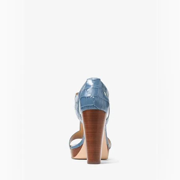 Michael Kors Berkley Lock Blue Croc-Embossed Leather Platform Shoes Sandal 6.5