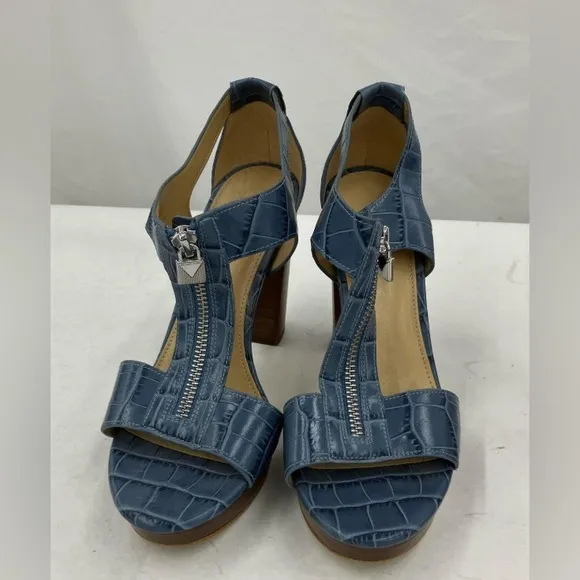 Michael Kors Berkley Lock Blue Croc-Embossed Leather Platform Shoes Sandal 6.5