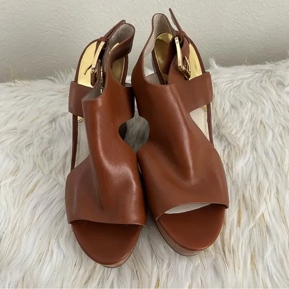 Michael Kors Josephine Brown Leather Wedge Shoes