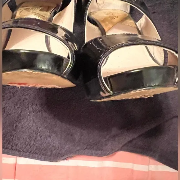 Michael Kors Tamara Women's Black Patent Leather Open Toe Heels Shoes, size 9.5