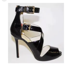 Michael Kors Tamara Women's Black Patent Leather Open Toe Heels Shoes, size 9.5