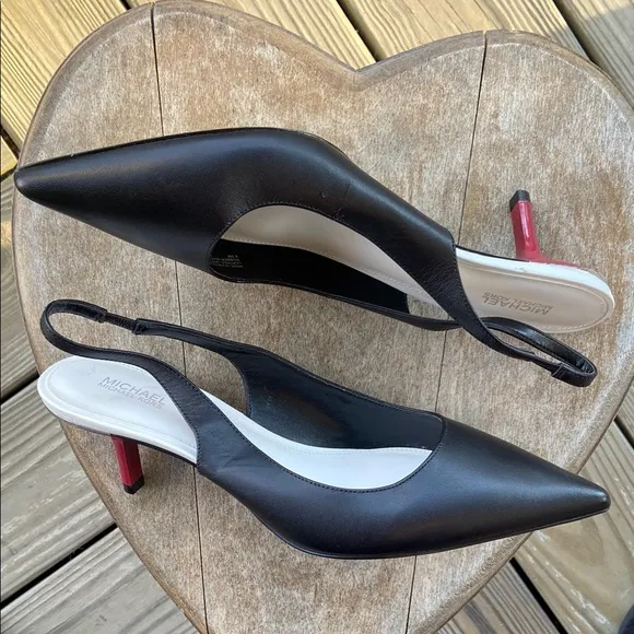 MICHAEL Michael Kors Black Leather Slingback Red Kitten Heels Women's Size 8.5