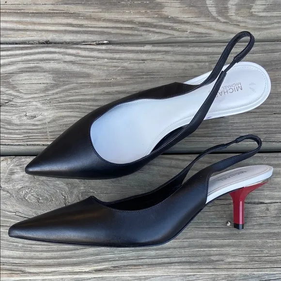 MICHAEL Michael Kors Black Leather Slingback Red Kitten Heels Women's Size 8.5