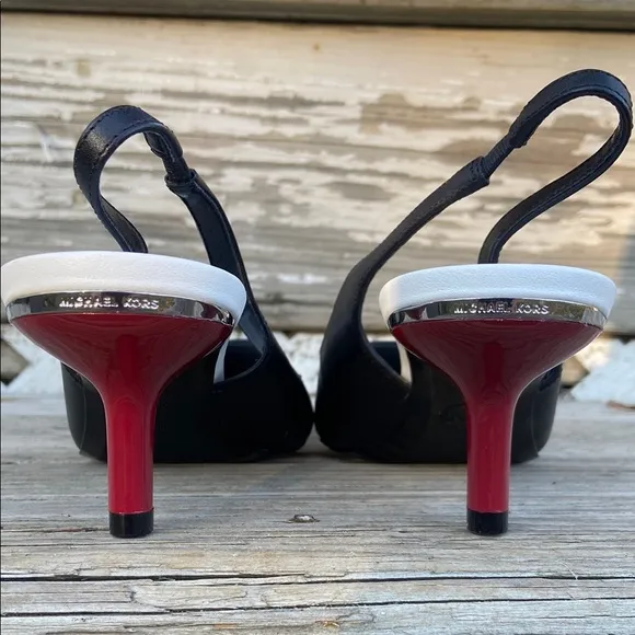 MICHAEL Michael Kors Black Leather Slingback Red Kitten Heels Women's Size 8.5