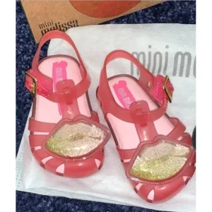 Mini Melissa Aranha XIV BB Sandals‎ Pink Gold Glitter Lips Toddler US 5