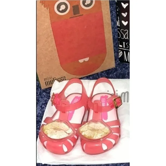 Mini Melissa Aranha XIV BB Sandals‎ Pink Gold Glitter Lips Toddler US 5