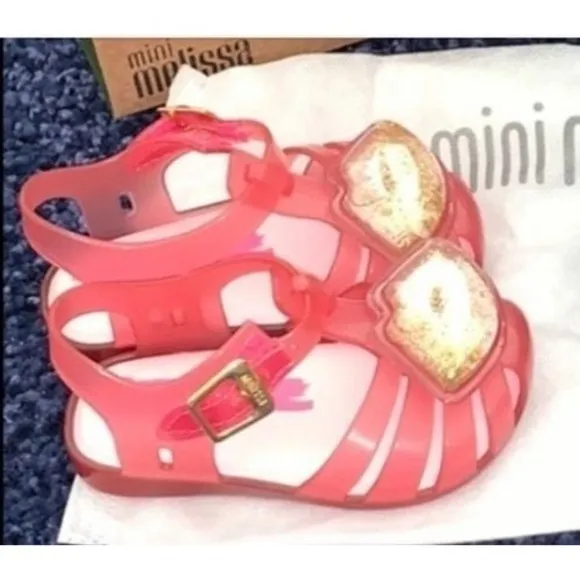 Mini Melissa Aranha XIV BB Sandals‎ Pink Gold Glitter Lips Toddler US 5