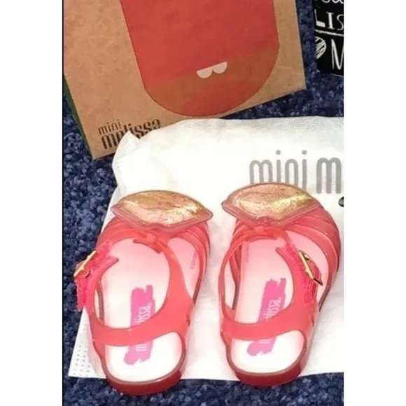 Mini Melissa Aranha XIV BB Sandals‎ Pink Gold Glitter Lips Toddler US 5