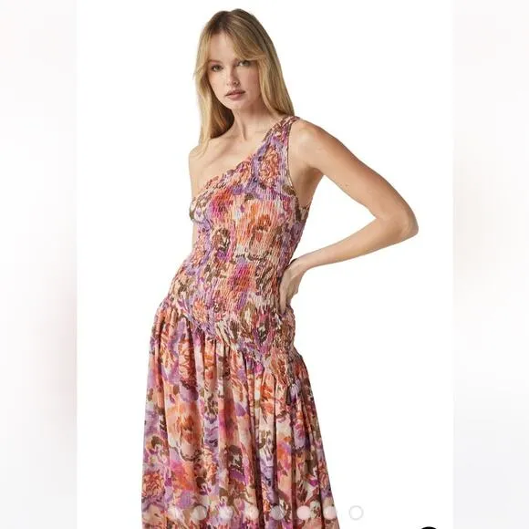 misa los angeles lydia one shoulder floral print smoked bodice asymmetric dress