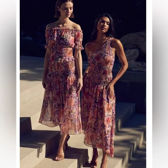 misa los angeles lydia one shoulder floral print smoked bodice asymmetric dress