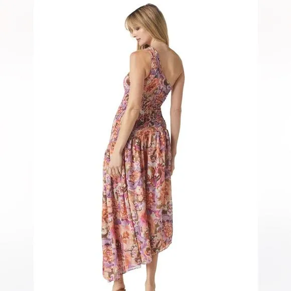 misa los angeles lydia one shoulder floral print smoked bodice asymmetric dress