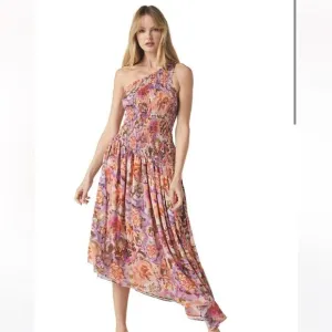 misa los angeles lydia one shoulder floral print smoked bodice asymmetric dress