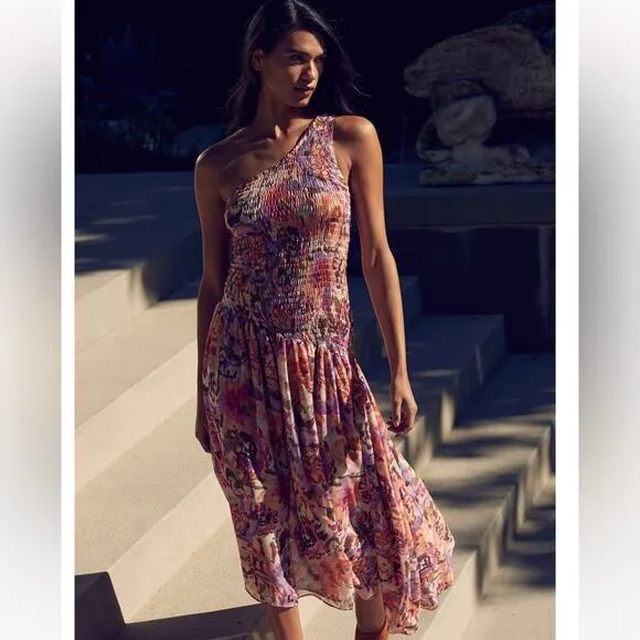 misa los angeles lydia one shoulder floral print smoked bodice asymmetric dress