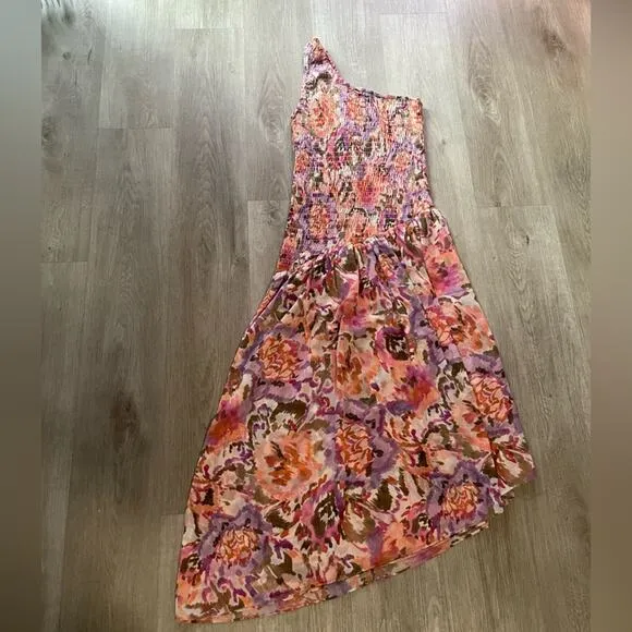misa los angeles lydia one shoulder floral print smoked bodice asymmetric dress
