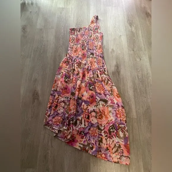 misa los angeles lydia one shoulder floral print smoked bodice asymmetric dress