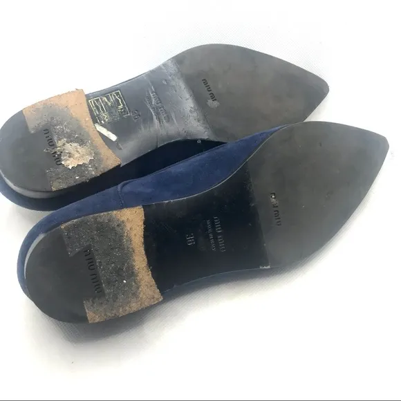 MIU MIU BLUE SUEDE LOAFER WITH SILVER METAL TIPPED TOE (36)