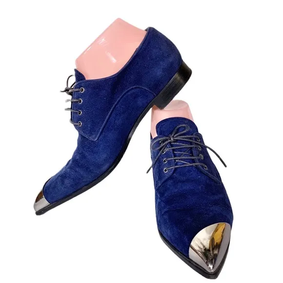 MIU MIU BLUE SUEDE LOAFER WITH SILVER METAL TIPPED TOE (36)