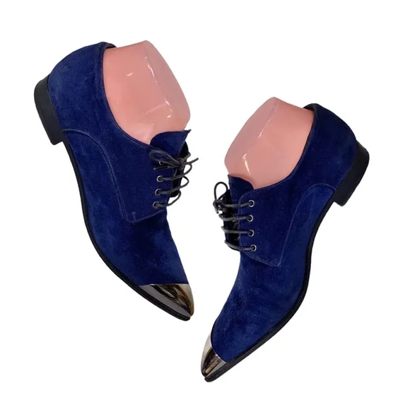 MIU MIU BLUE SUEDE LOAFER WITH SILVER METAL TIPPED TOE (36)