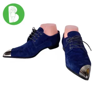 MIU MIU BLUE SUEDE LOAFER WITH SILVER METAL TIPPED TOE (36)