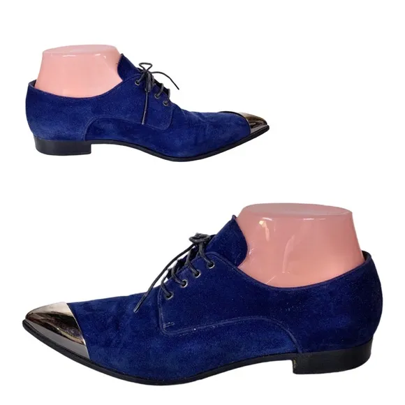 MIU MIU BLUE SUEDE LOAFER WITH SILVER METAL TIPPED TOE (36)
