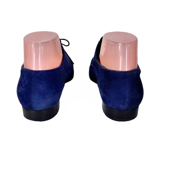 MIU MIU BLUE SUEDE LOAFER WITH SILVER METAL TIPPED TOE (36)