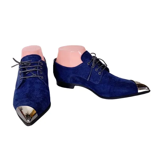 MIU MIU BLUE SUEDE LOAFER WITH SILVER METAL TIPPED TOE (36)