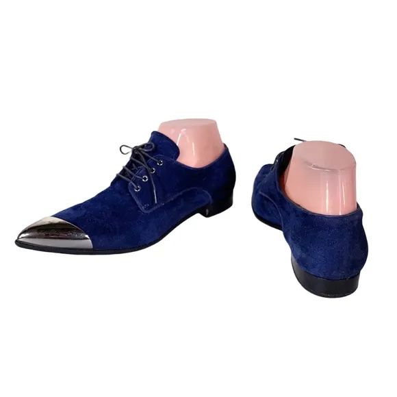 MIU MIU BLUE SUEDE LOAFER WITH SILVER METAL TIPPED TOE (36)