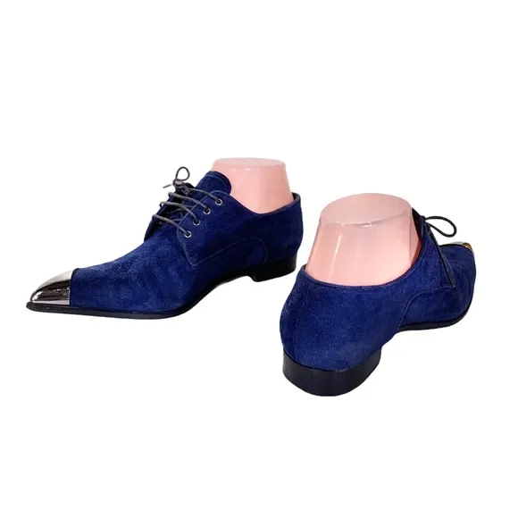 MIU MIU BLUE SUEDE LOAFER WITH SILVER METAL TIPPED TOE (36)