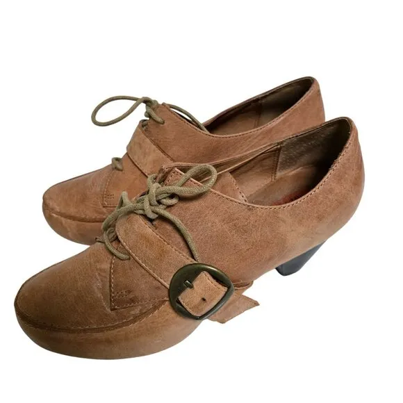 Miz Mooz Elvin Y2K Cognac Leather Lace Up Buckle Block Heel Shoe Size 7.5/8