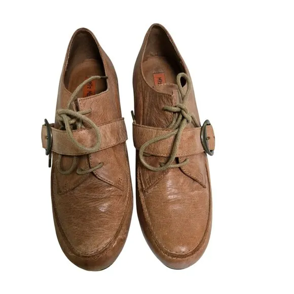 Miz Mooz Elvin Y2K Cognac Leather Lace Up Buckle Block Heel Shoe Size 7.5/8