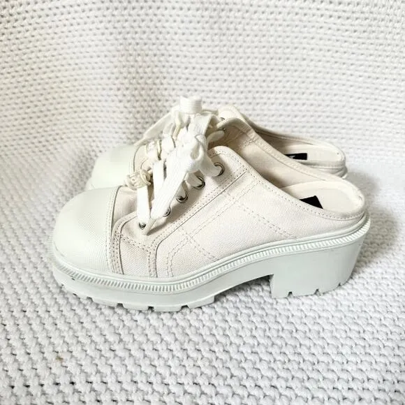 Mudd Y2K White Canvas Lug Sole Platform Square Toe Mule Slip On Lace Up Shoes 7