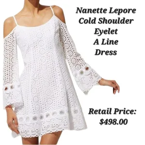 Nanette Lepore Cold Shoulder Eyelet A Line White Mini Dress Bell Sleeves Size 6