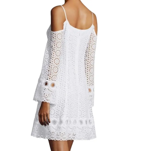 Nanette Lepore Cold Shoulder Eyelet A Line White Mini Dress Bell Sleeves Size 6