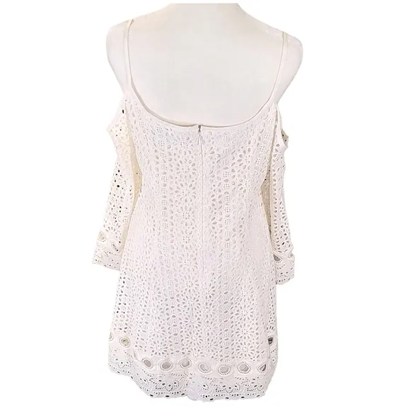 Nanette Lepore Cold Shoulder Eyelet A Line White Mini Dress Bell Sleeves Size 6