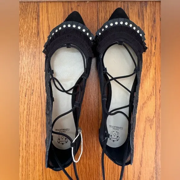 New! $1140 Paula Cademartori Suede Frances Ballet Flats leather wings‎ western