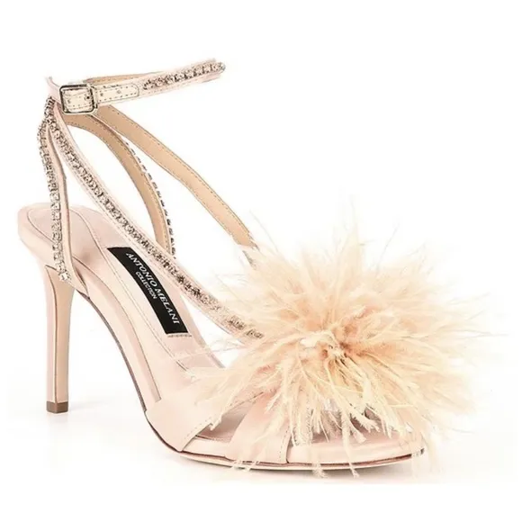 NEW Antonio Melani Collection Aurora Feathered Rhinestone Dress Sandals in Blush