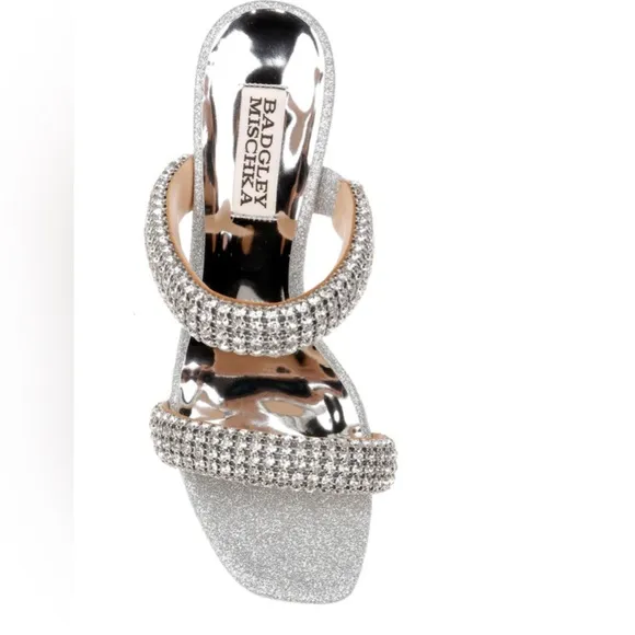 New Badgley Mischka Sade Jeweled Double-Band Silver Stiletto Sandals size 8