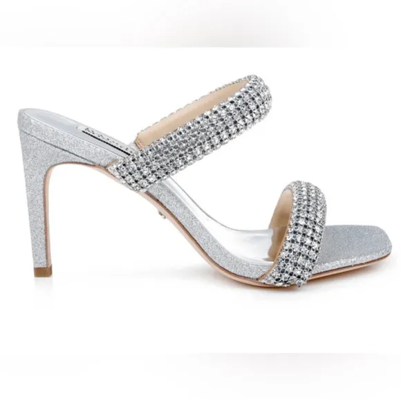 New Badgley Mischka Sade Jeweled Double-Band Silver Stiletto Sandals size 8