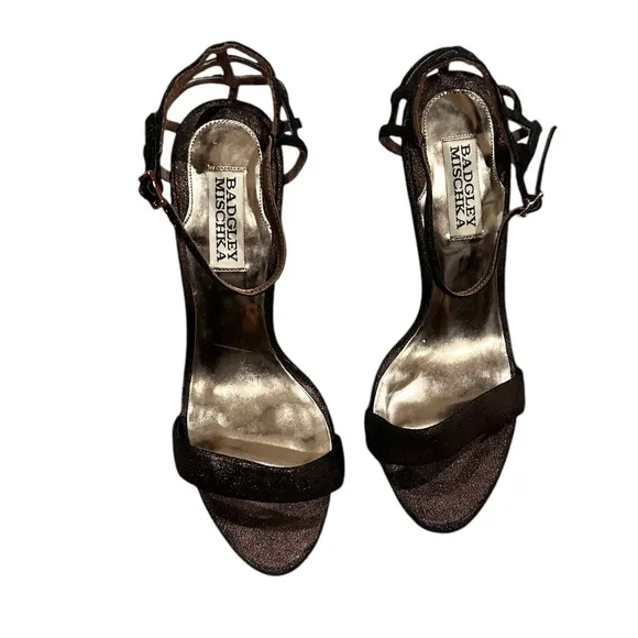 NEW BADGLEY MISCHSKA COPPER BROWN SHIMMER ANKLE STRAP STILETTOS LEATHER SHOES 7