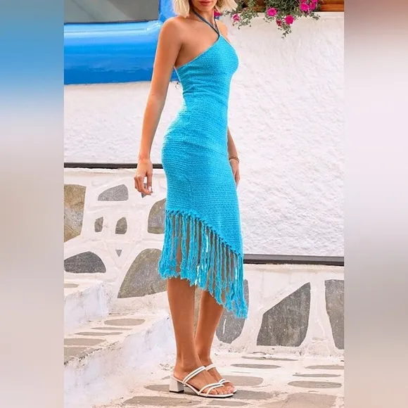 New Boho Fringe Trim Crochet Knit Halter Midi Dress Blue