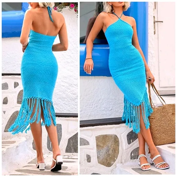 New Boho Fringe Trim Crochet Knit Halter Midi Dress Blue